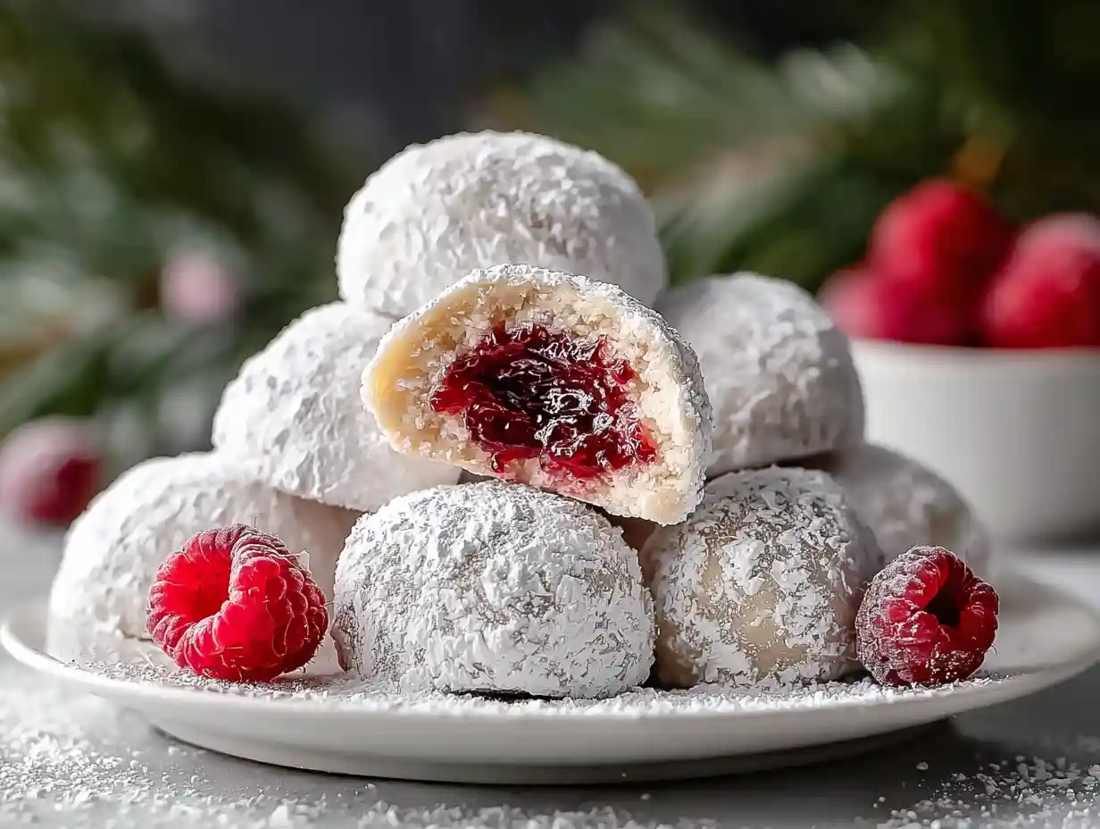 Raspberry Filled Almond Snowball Cookies
