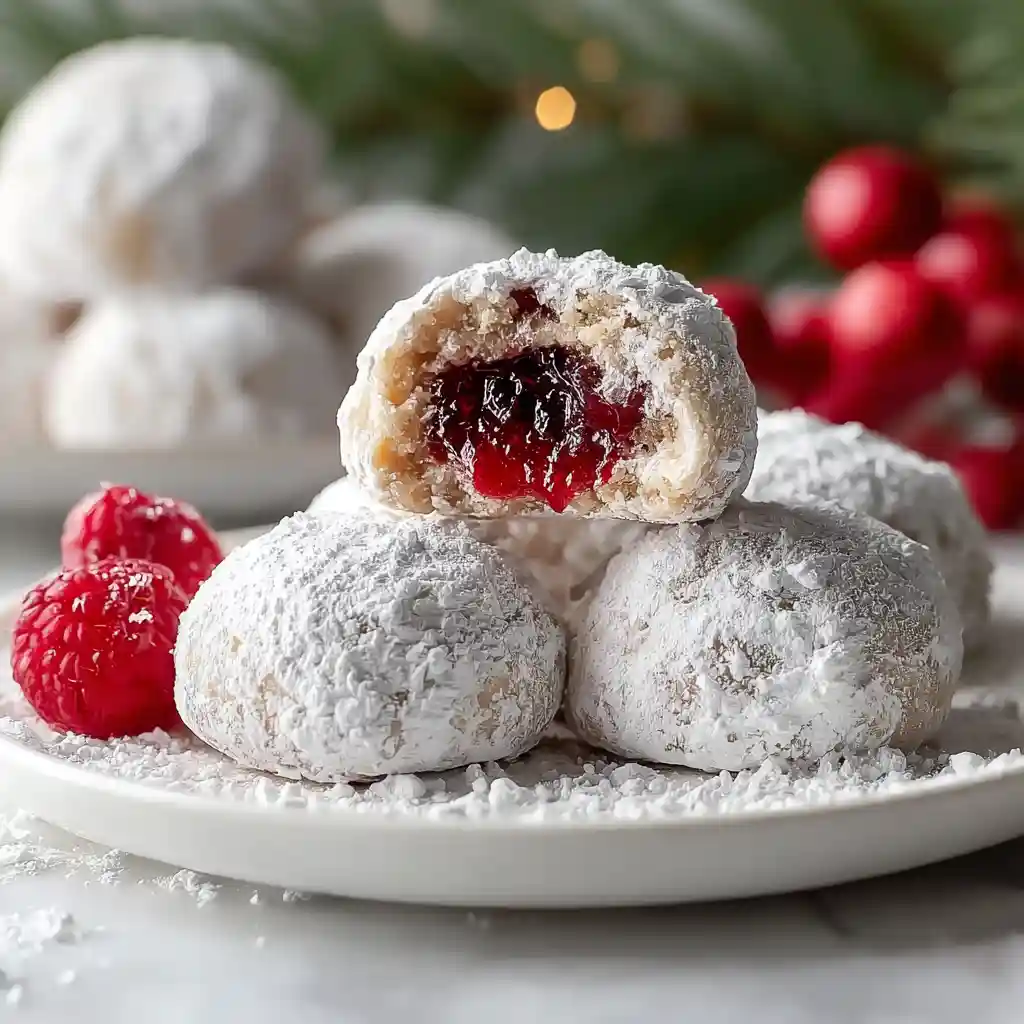 Raspberry Filled Almond Snowball Cookies
