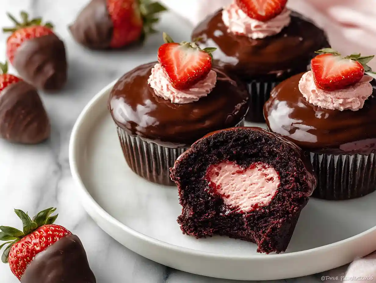Chocolate covered strawberry buttercream cupcakes
